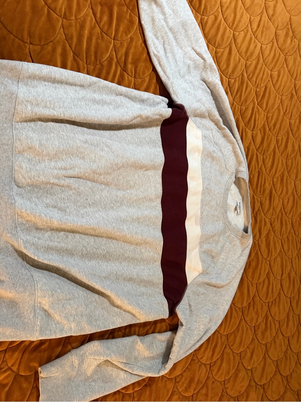 Light Gray Crewneck Sweater with Burgundy and Cream Stripe